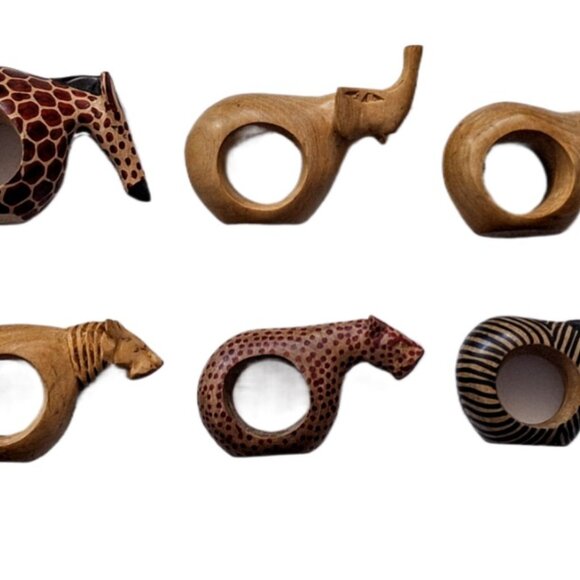 6 Hand Carved Wooden Safari Animals Napkin Holders EUC - Picture 2 of 8